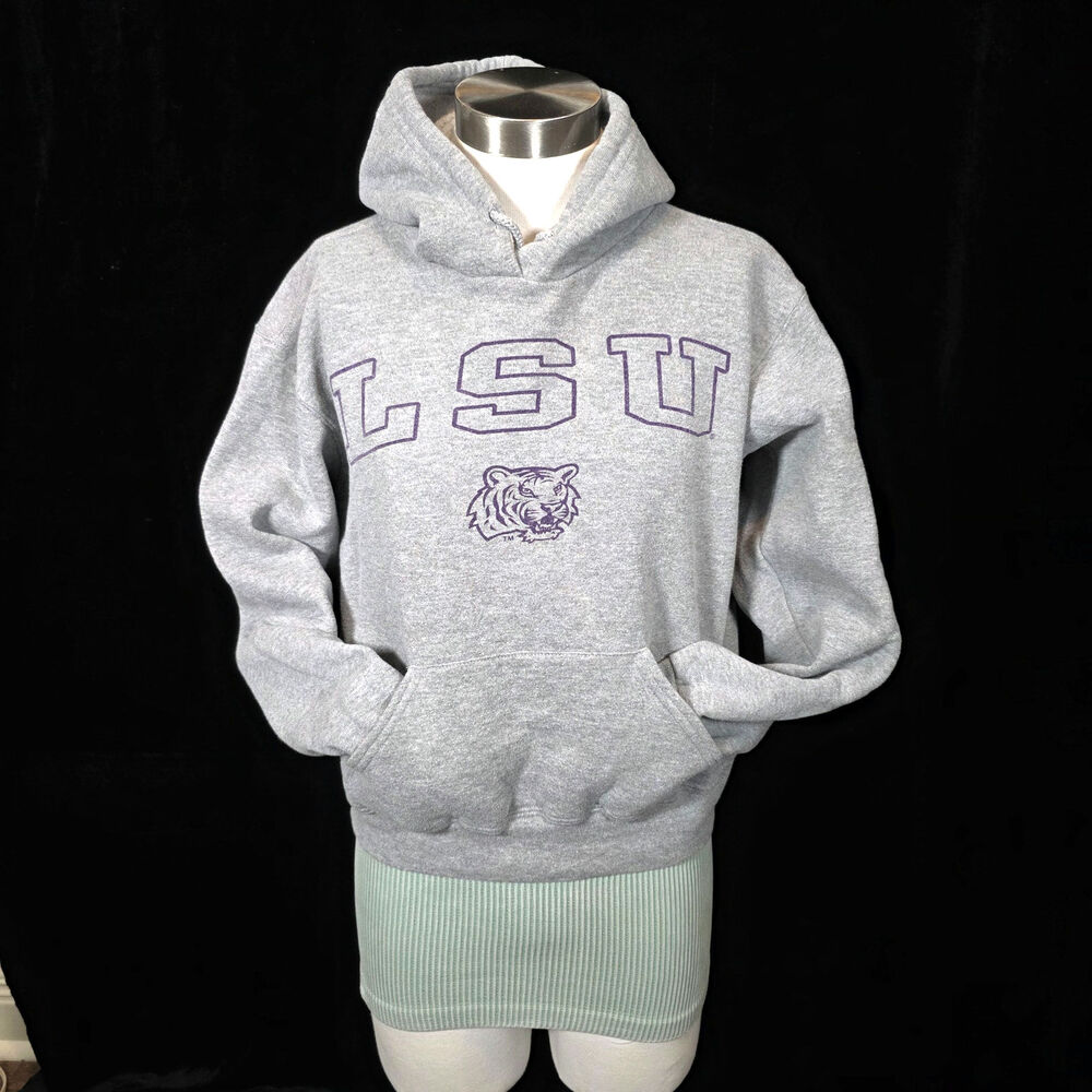 LSU TIGERS Grey Hoodie Sweatshirt Spell-out and Graphic Fan Attire Women's Sz L